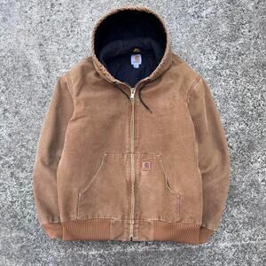 Carhartt J130 Brown Duck Jacket Men Faded Distressed Hooded Workwear Active Coat